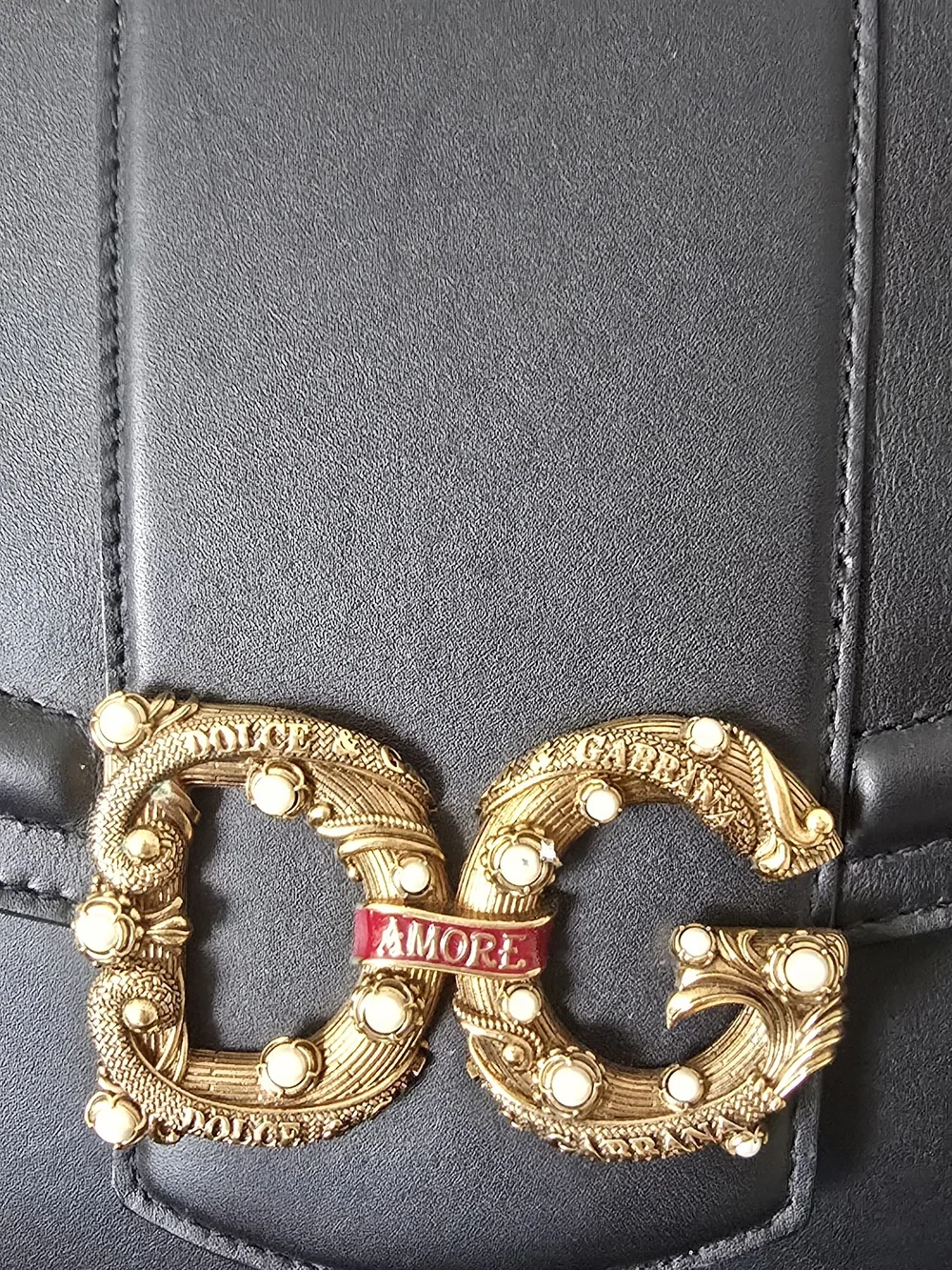 AUTH Dolce & Gabbana Amore Black Leather Top-Handle with Gold DG Logo, New